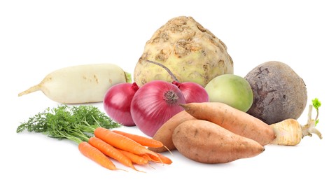 Image of Different root vegetables isolated on white. Onion bulbs, beet, carrots, celery root, turnips, parsnip