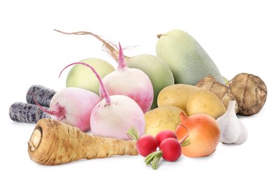Image of Different root vegetables isolated on white. Onion and garlic bulbs, parsnip, potatoes, turnips, radishes, Jerusalem artichokes, carrots