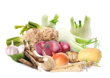 Image of Different root vegetables isolated on white. Onion, garlic and fennel bulbs, celery and horseradish roots, potato, Jerusalem artichoke, parsnips, turnip