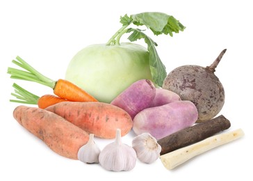 Image of Different root vegetables isolated on white. Garlic bulbs, kohlrabi, carrots, sweet potatoes, daikon radishes, beet, salsify roots