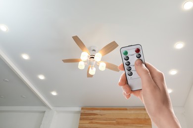 Image of Woman using remote to control lighting and ceiling fan in room, closeup