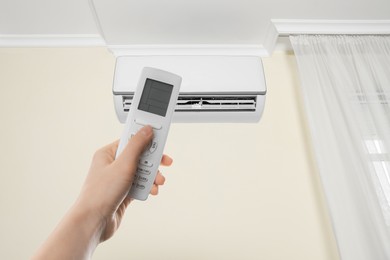 Image of Woman using remote to control air conditioner in room, closeup