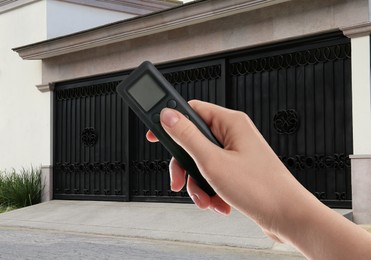 Image of Woman using remote to control electric gate outdoors, closeup