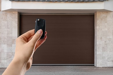 Image of Woman using remote to control garage door outdoors, closeup