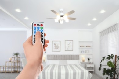 Image of Woman using remote to control lighting in room, closeup