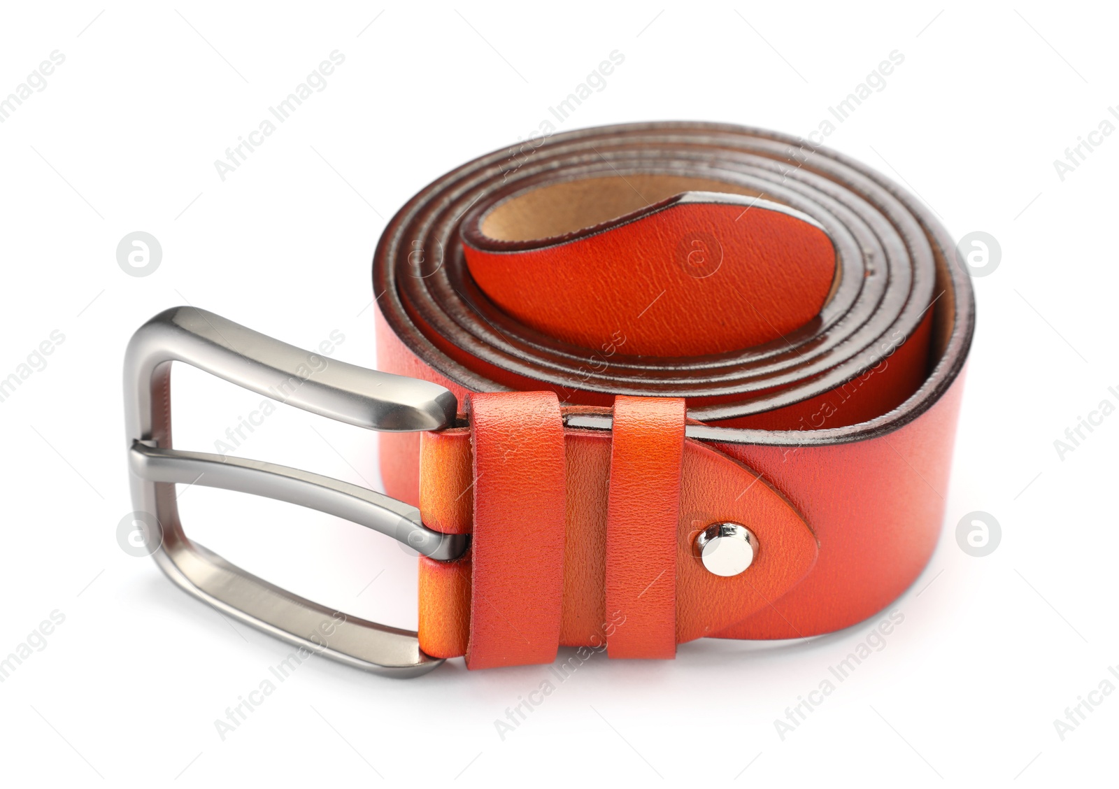One orange leather belt isolated on white Photo of One orange leather belt isolated on white