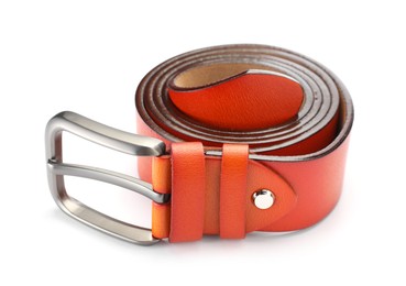 Photo of One orange leather belt isolated on white