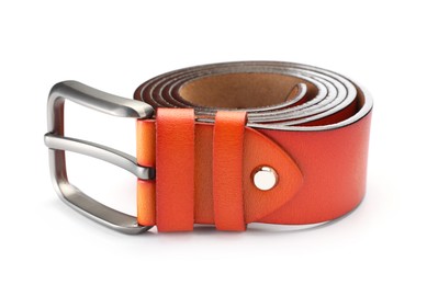 Photo of One orange leather belt isolated on white