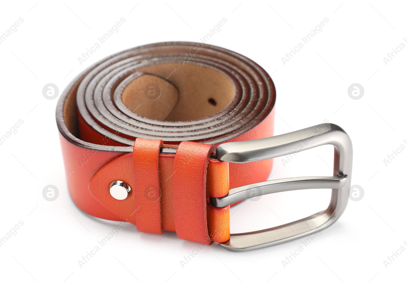 One orange leather belt isolated on white Photo of One orange leather belt isolated on white