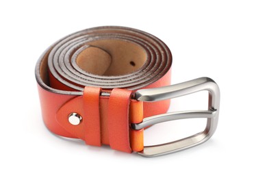 Photo of One orange leather belt isolated on white