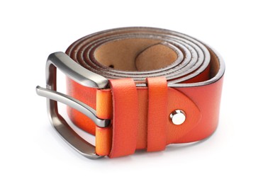 Photo of One orange leather belt isolated on white