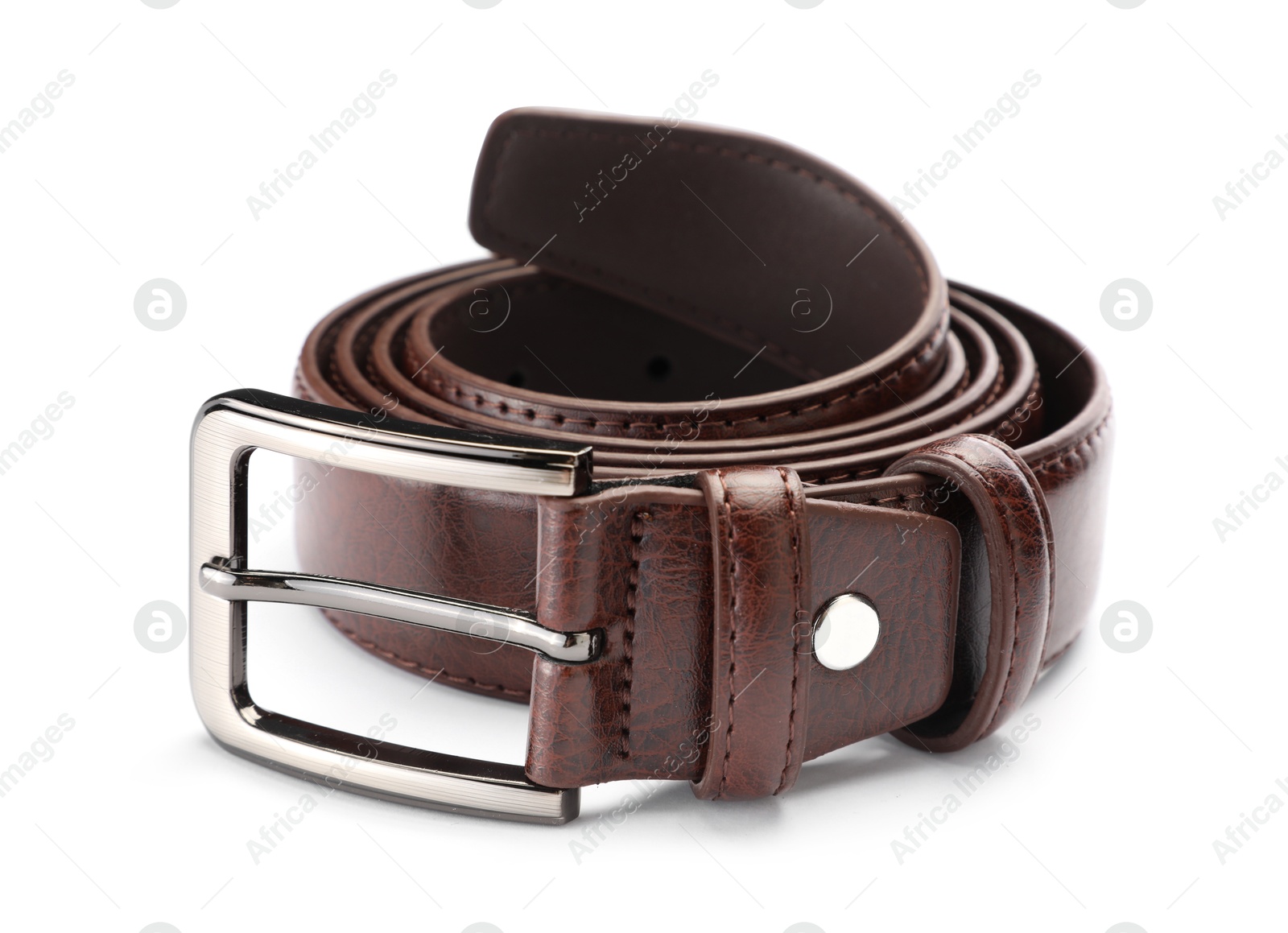 One brown leather belt isolated on white Photo of One brown leather belt isolated on white