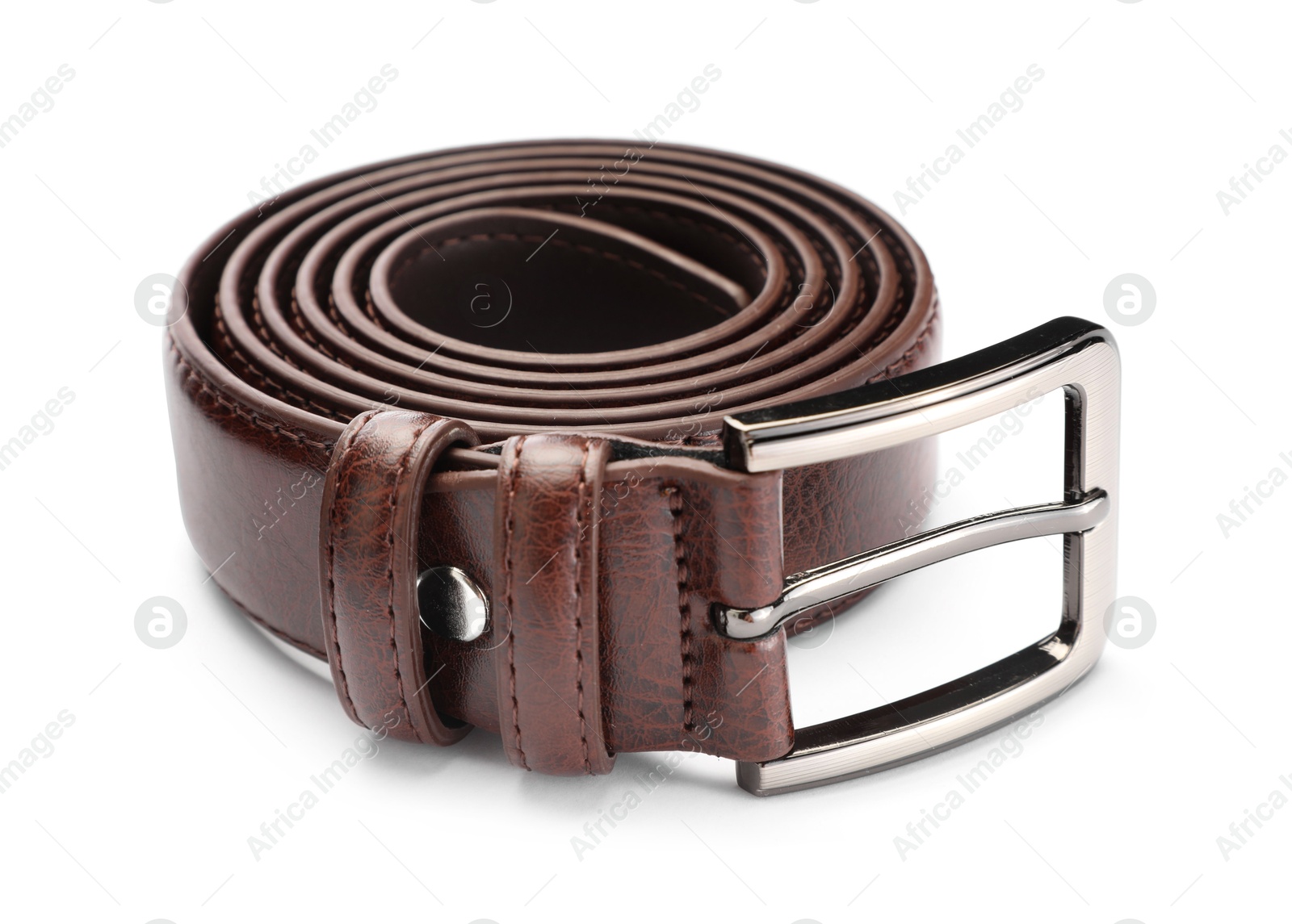 One brown leather belt isolated on white Photo of One brown leather belt isolated on white