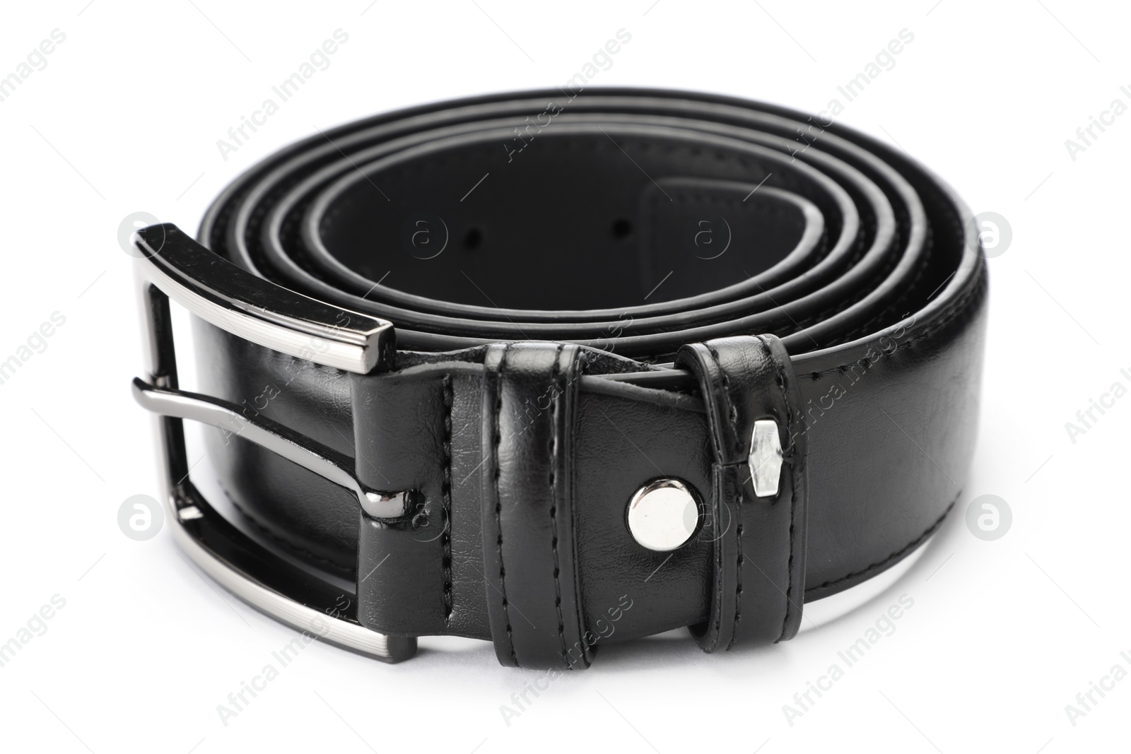 One black leather belt isolated on white Photo of One black leather belt isolated on white