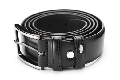 Photo of One black leather belt isolated on white