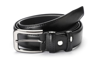 Photo of One black leather belt isolated on white