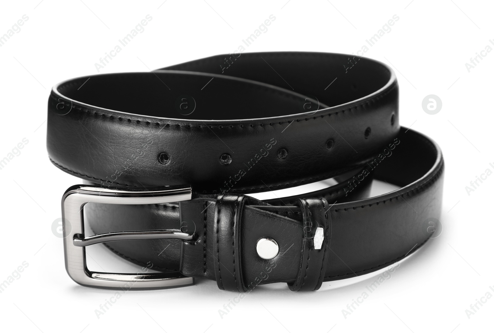 One black leather belt isolated on white Photo of One black leather belt isolated on white