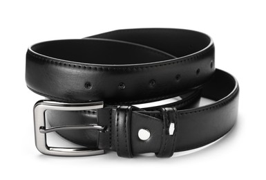 Photo of One black leather belt isolated on white