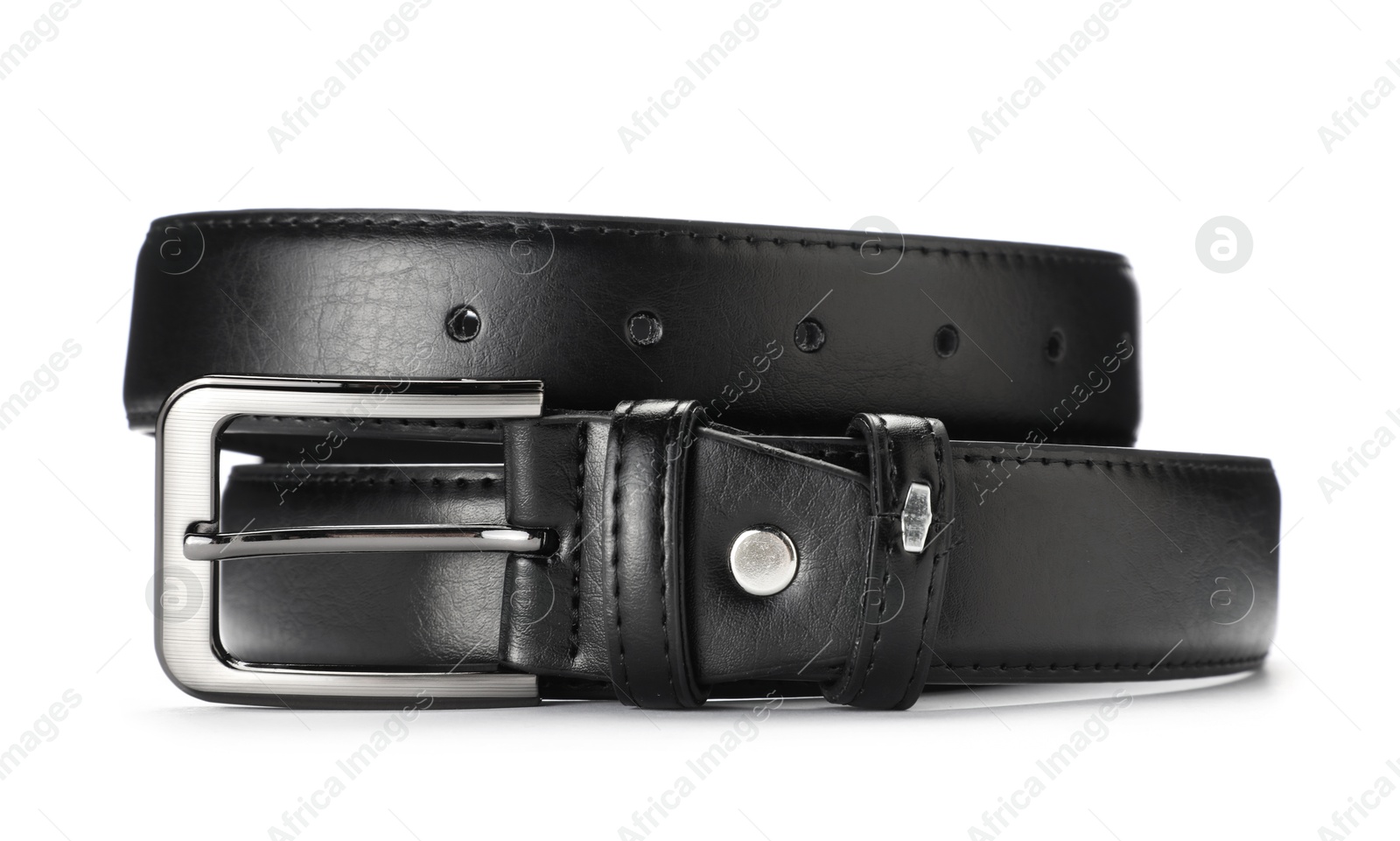 One black leather belt isolated on white Photo of One black leather belt isolated on white