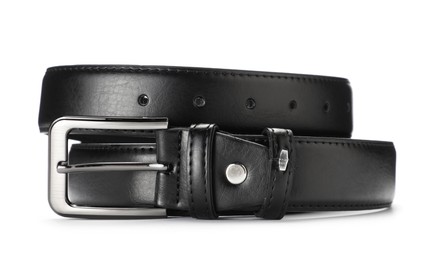 Photo of One black leather belt isolated on white