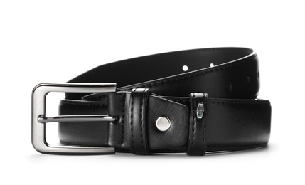 Photo of One black leather belt isolated on white