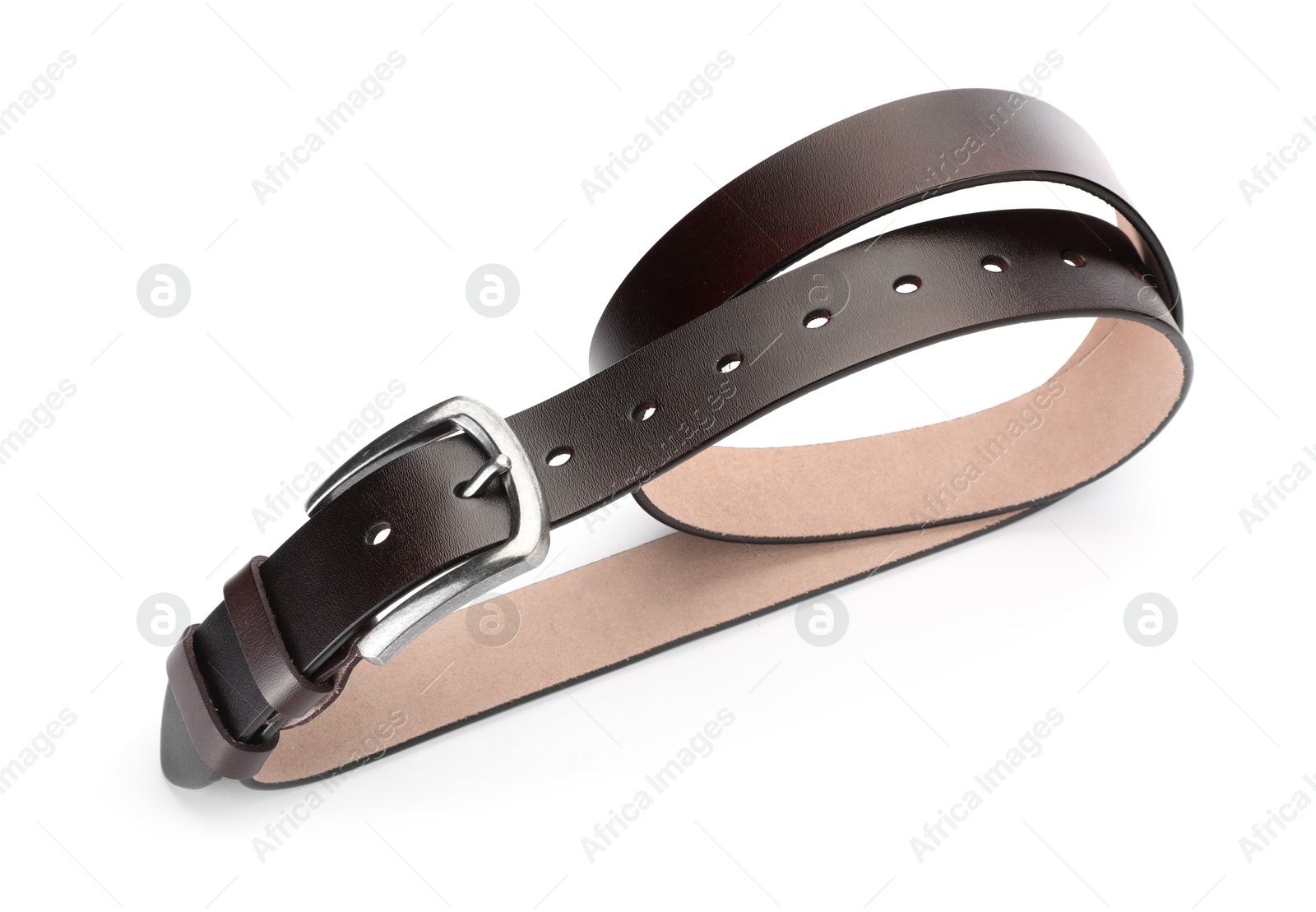 One brown leather belt isolated on white Photo of One brown leather belt isolated on white