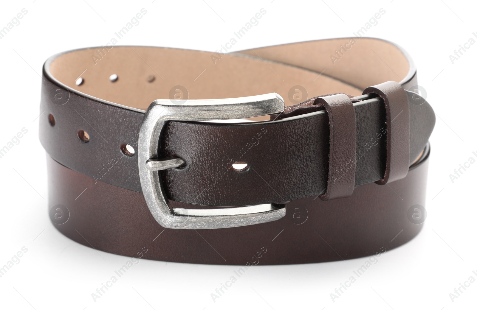 One brown leather belt isolated on white Photo of One brown leather belt isolated on white