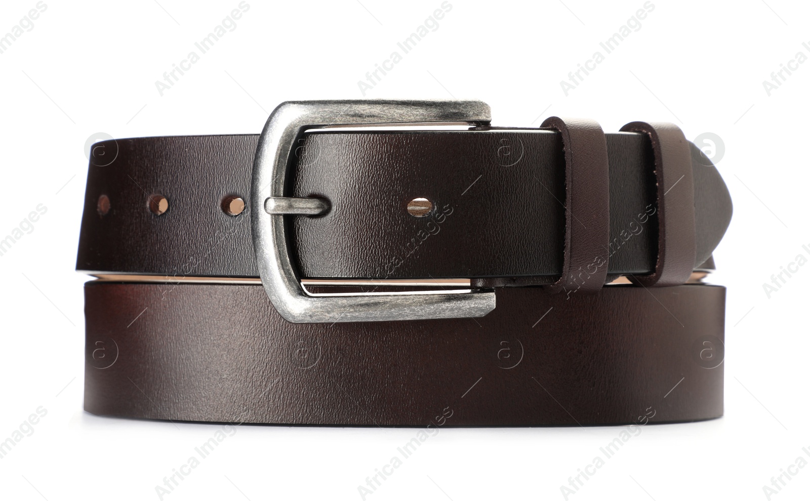One brown leather belt isolated on white Photo of One brown leather belt isolated on white