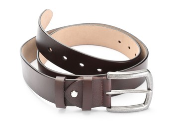 Photo of One brown leather belt isolated on white