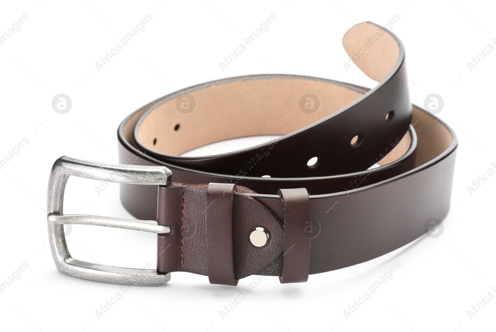 One brown leather belt isolated on white Photo of One brown leather belt isolated on white