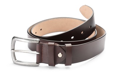 Photo of One brown leather belt isolated on white