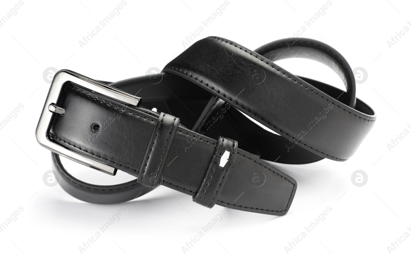 One black leather belt isolated on white Photo of One black leather belt isolated on white