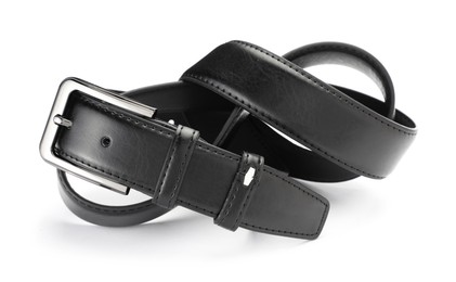 Photo of One black leather belt isolated on white