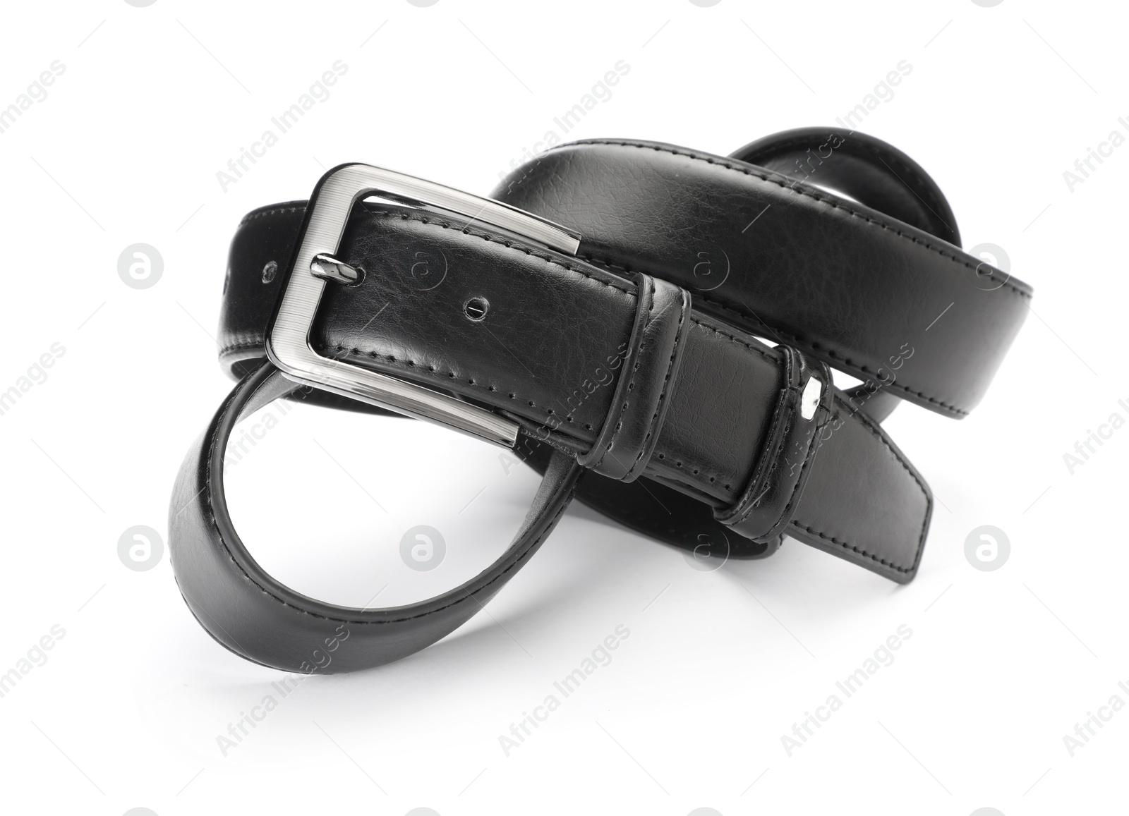 One black leather belt isolated on white Photo of One black leather belt isolated on white