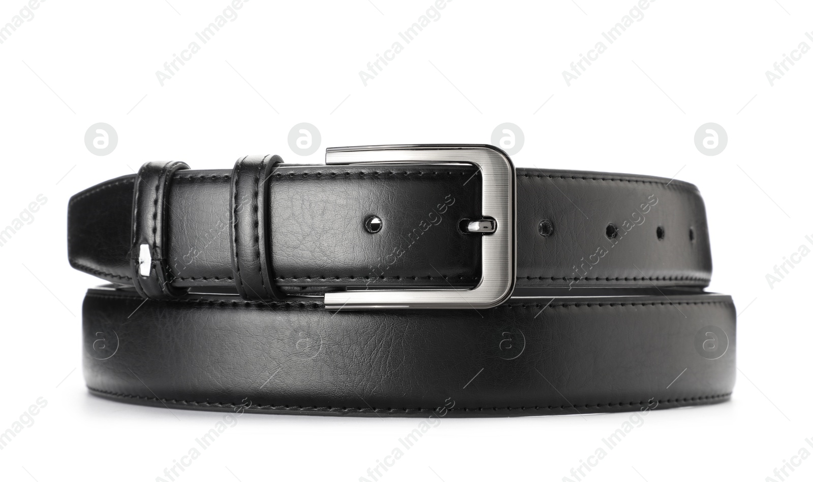 One black leather belt isolated on white Photo of One black leather belt isolated on white