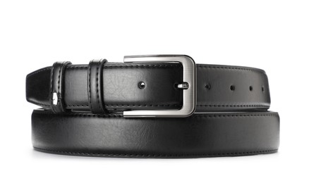 Photo of One black leather belt isolated on white