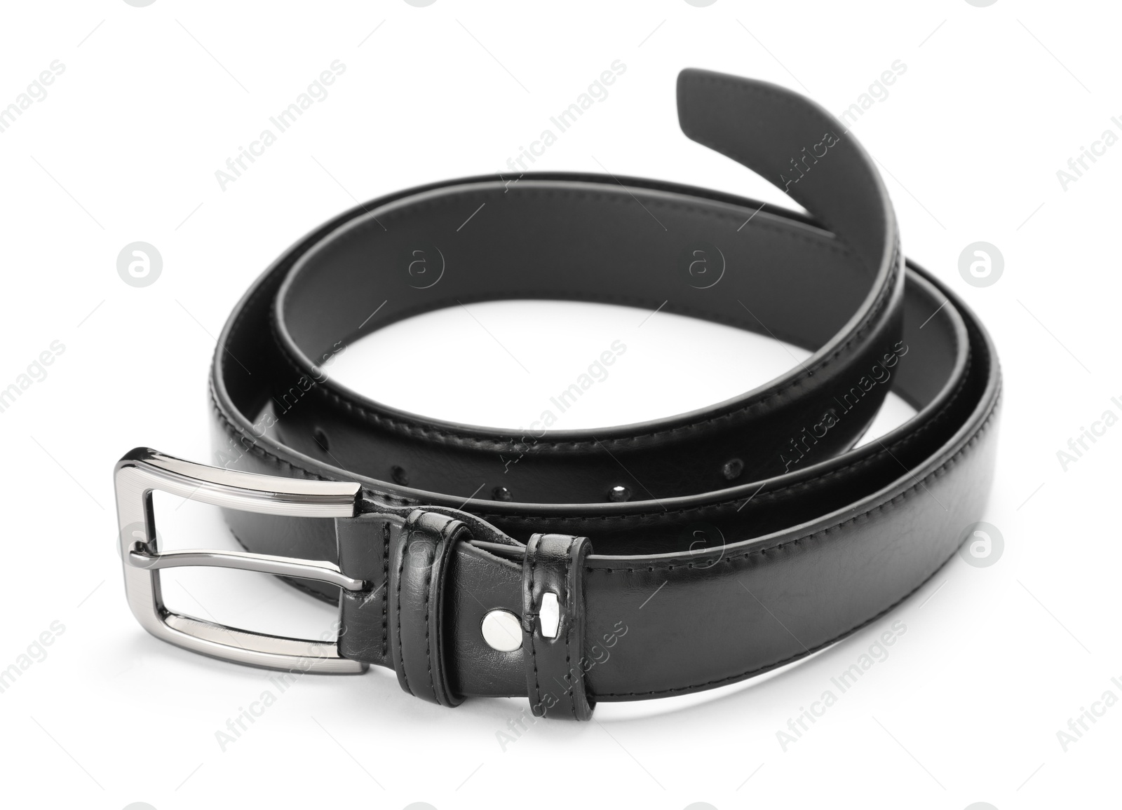 One black leather belt isolated on white Photo of One black leather belt isolated on white
