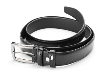Photo of One black leather belt isolated on white