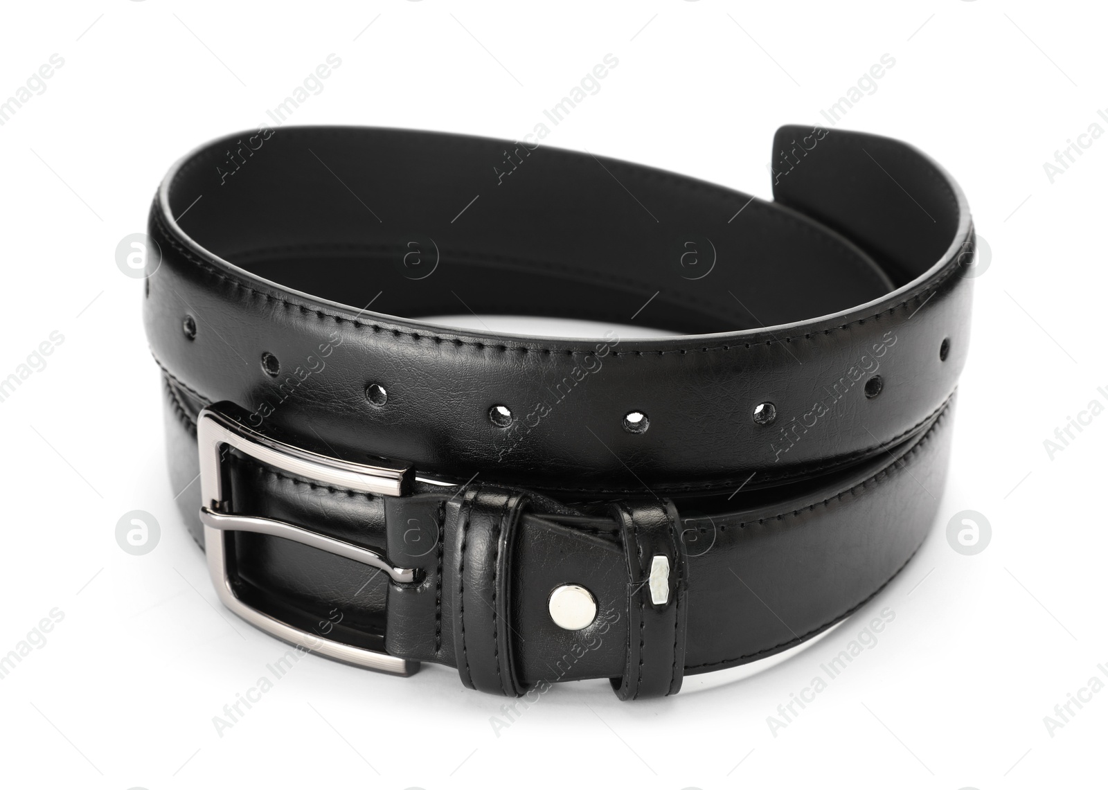 One black leather belt isolated on white Photo of One black leather belt isolated on white
