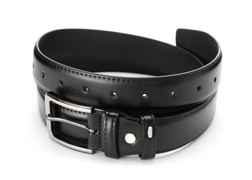 Photo of One black leather belt isolated on white