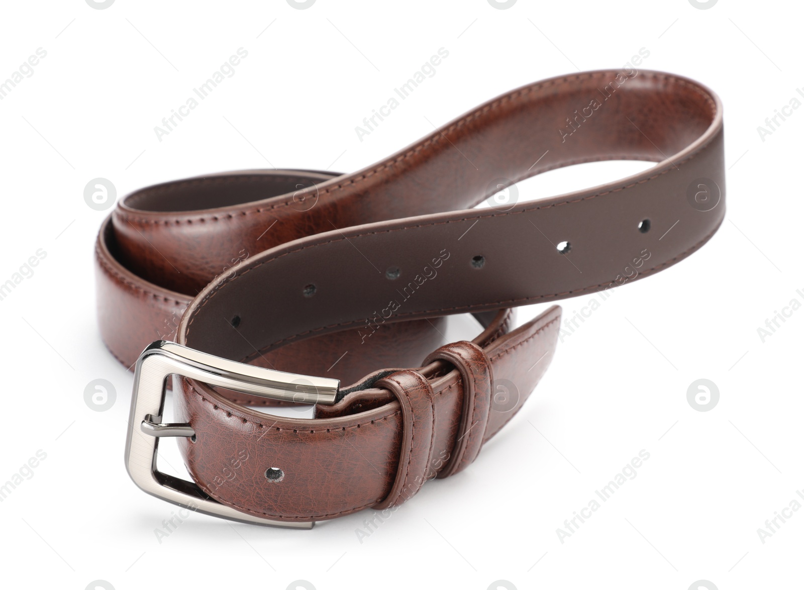 One brown leather belt isolated on white Photo of One brown leather belt isolated on white
