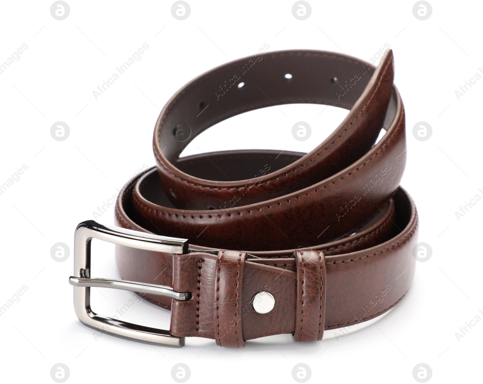 One brown leather belt isolated on white Photo of One brown leather belt isolated on white
