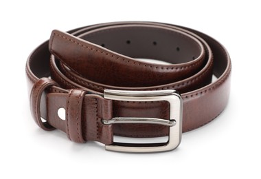 Photo of One brown leather belt isolated on white