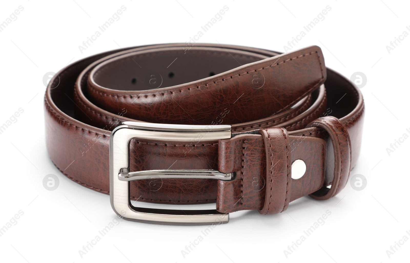 One brown leather belt isolated on white Photo of One brown leather belt isolated on white