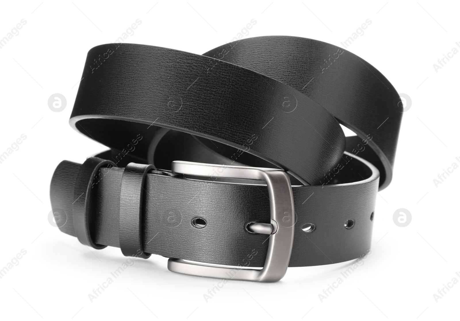 One black leather belt isolated on white Photo of One black leather belt isolated on white