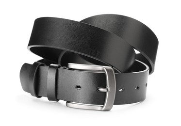 Photo of One black leather belt isolated on white
