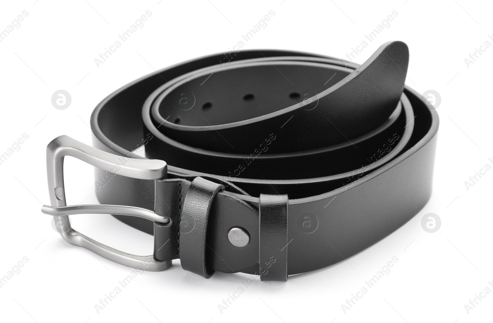 One black leather belt isolated on white Photo of One black leather belt isolated on white