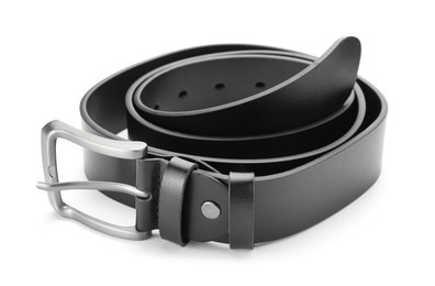 Photo of One black leather belt isolated on white