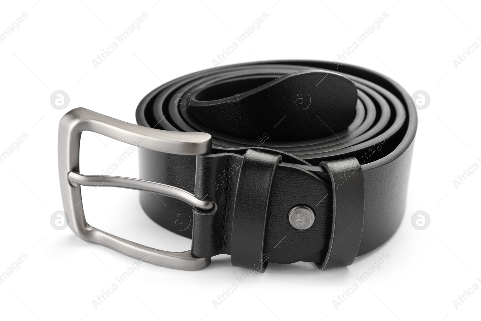 One black leather belt isolated on white Photo of One black leather belt isolated on white