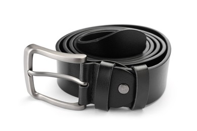 Photo of One black leather belt isolated on white